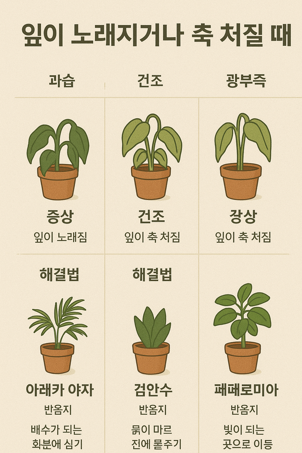 잎이 노래지거나 축 처질 때