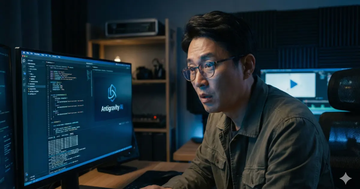 안티그래비티 코딩 도구를 신기하게 쳐다보는 40대 영상 감독