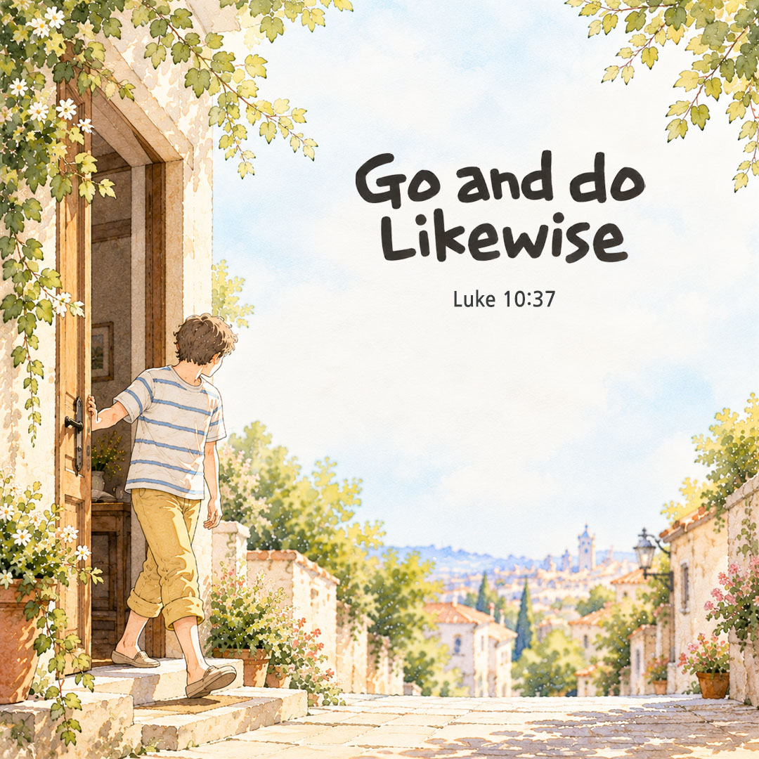 Go and do likewise. (Luke 10:37) English Bible verse card