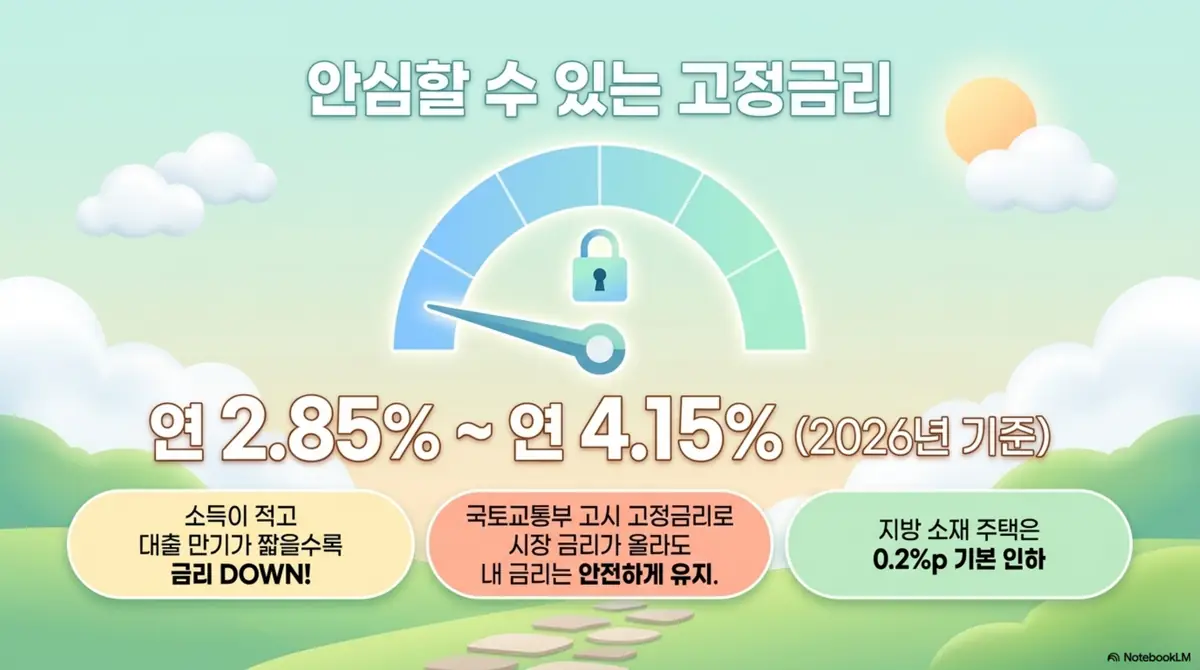 디딤돌대출 조건: 2026년 디딤돌대출 고정금리가 연 2.85%에서 4.15%임을 계기판으로 표현한 이미지. 소득이 적고 만기가 짧을수록 금리가 낮아지고 지방 주택은 0.2%p 인하된다는 점을 설명함