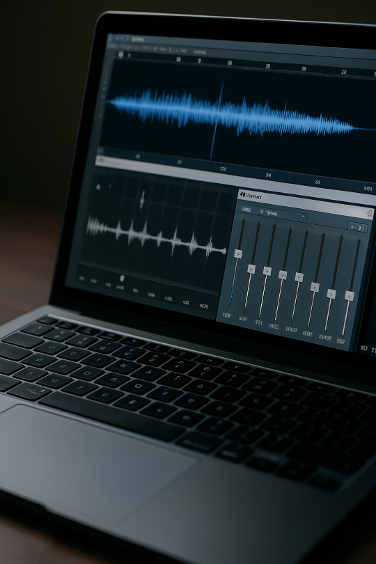 노트북 화면에 표시된 오디오 편집 프로그램과 이퀄라이저 조정 창
