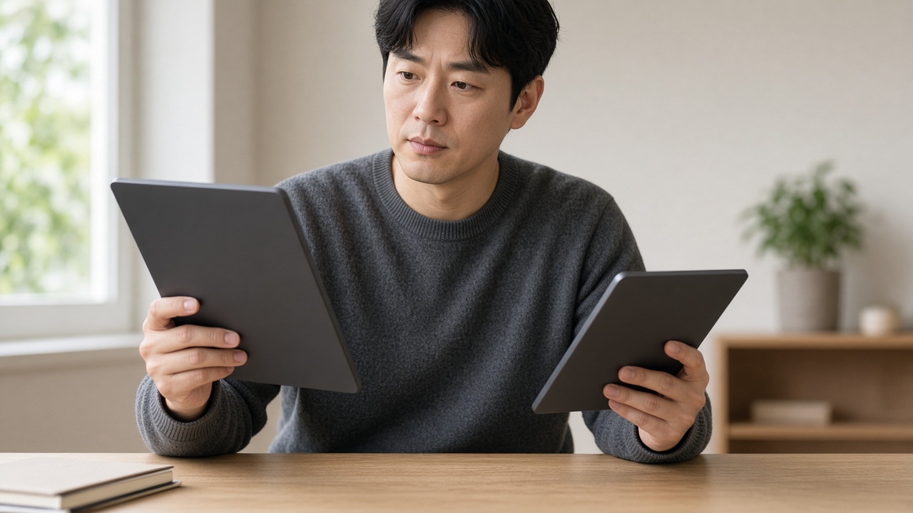 두 가지 크기의 태블릿 두께를 비교해 보는 30대 한국인 남성