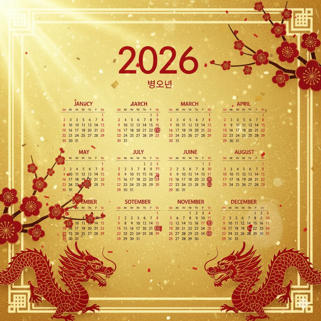 2026년 달력과 황금빛 새해 인사 배경, 공휴일 날짜가 표시된 캘린더 디자인