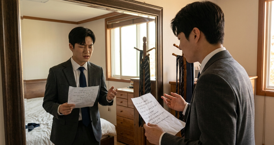 진지한 표정으로 예상 면접 질문 리스트를 보며 거울 앞에서 연습
