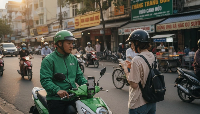 다낭에서 헬멧을 쓰고 그랩 오토바이를 이용하는 여성 승객, 편리하고 안전한 현지 이동 수단