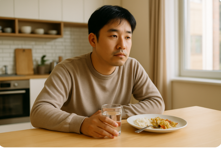 식사 후 불편함을 느끼는 듯한 남성이 물을 들고 앉아 있는 모습