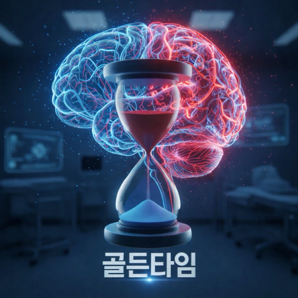 뇌출혈 전조증상과 골든타임의 중요성을 시각적으로 나타낸 메디컬 일러스트레이션