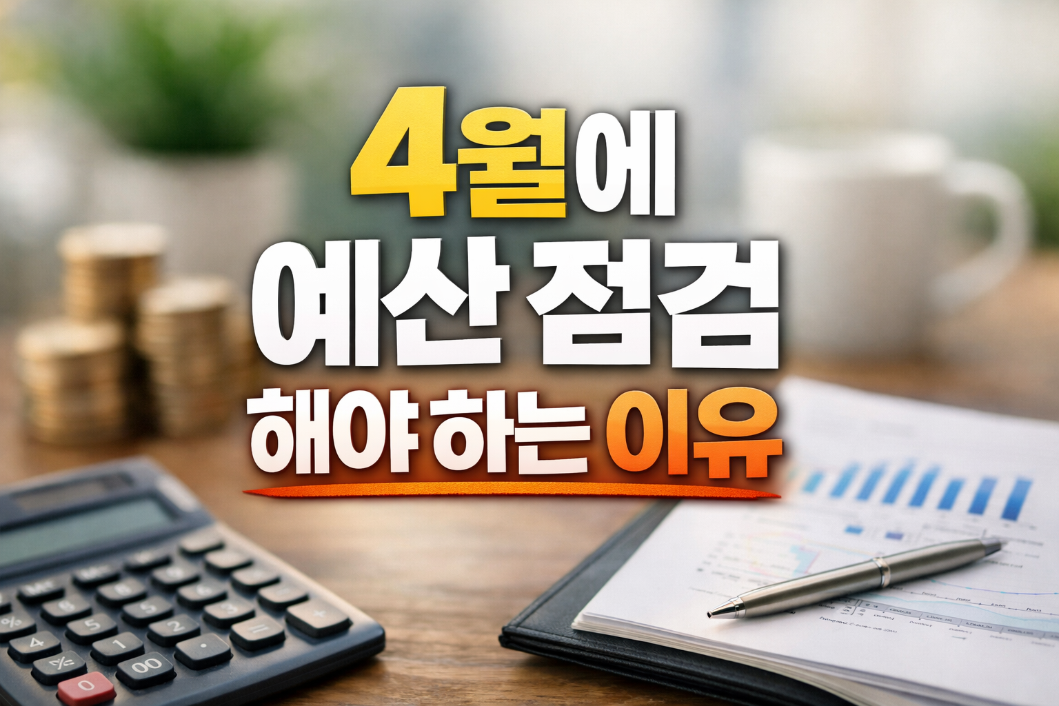계산기와 차트 문서가 놓인 책상 위 배경에 ‘4월에 예산 점검 해야하는 이유’ 문구가 크게 들어간 생활비 관리 썸네일 이미지