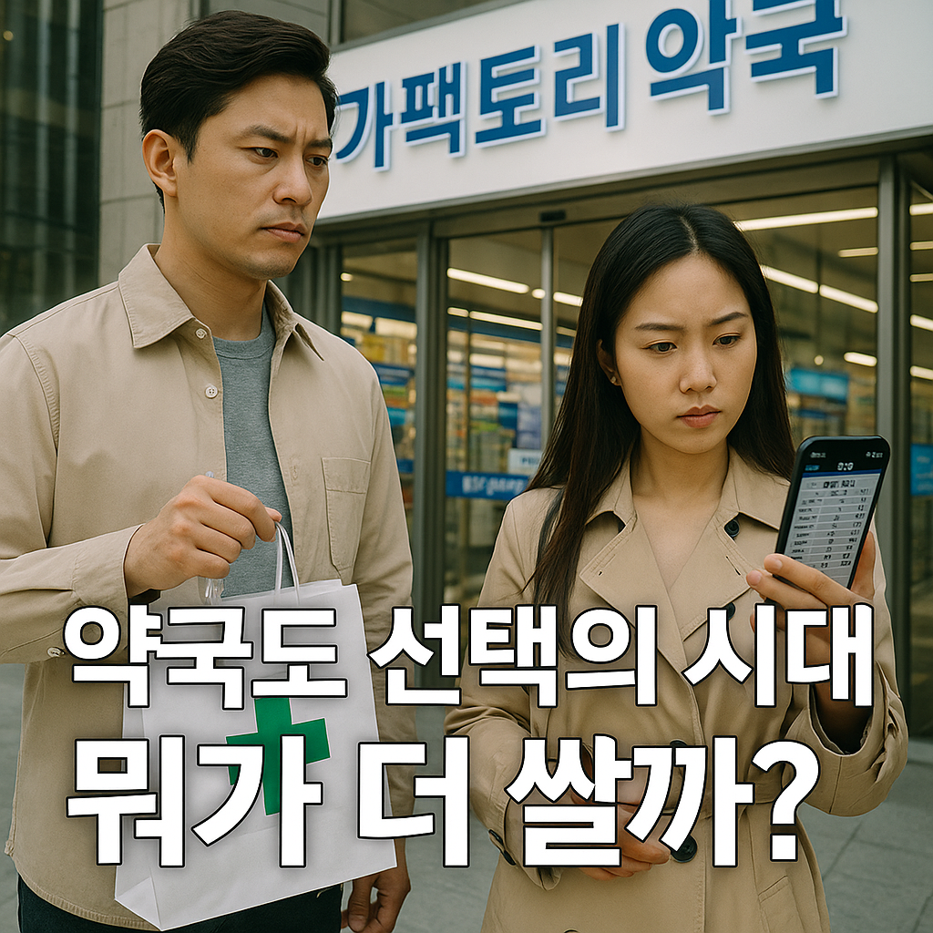 약국 앞에서 가격 비교하는 부부