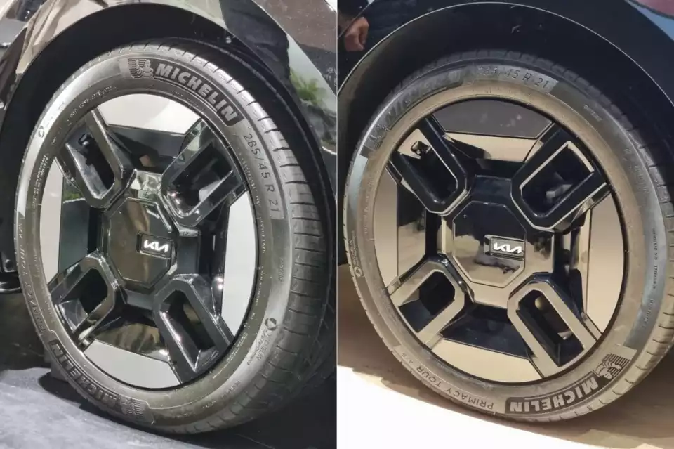 EV9 일반 모델(좌)과 EV9 GT-라인(우)에 꽂혔던 21인치 바퀴입니다.