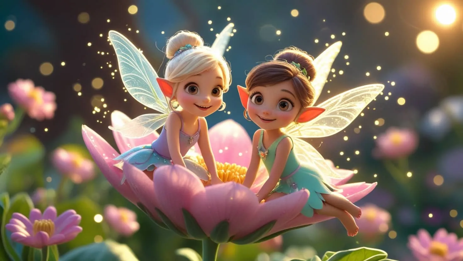 픽사풍 스타일의 두 명의 꽃 요정이 커다란 꽃잎 위에 앉아 서로를 바라보며 웃고 있는 장면의 이미지. 이 이미지는 화사하고 환상적인 애니메이션 분위기와 귀엽고 생동감 있는 캐릭터 디자인을 시각적으로 전달하며, 블로그의 픽사풍 AI 캐릭터 제작 주제와 관련된 내용을 설명함 (Pixar-style flower fairies, 3D animated characters sitting on a blooming flower)
