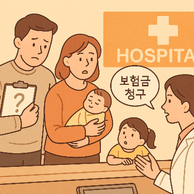 2025년 실손보험 청구 방식 변화에 따른 병원 진료 후 보험 청구 고민하는 가족 일러스트