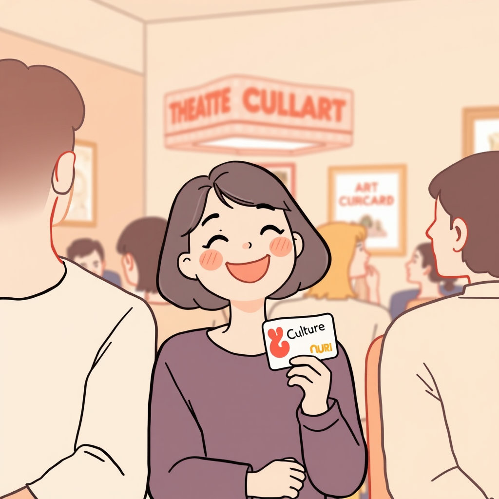 문화생활을 즐겁게 즐기고 있는 모습,따뜻한 분위기,손에 문화누리카드를 들고있다.
