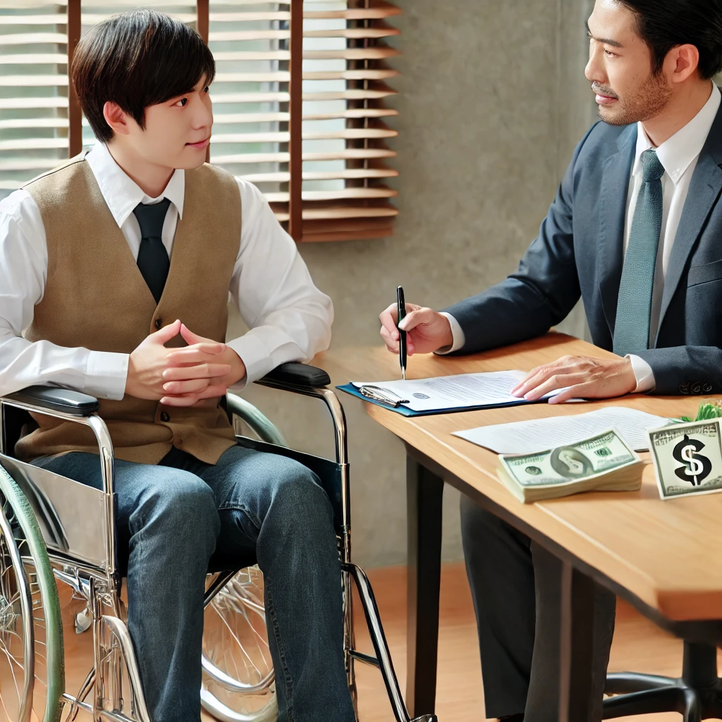 장애가 있는 한국인이 사무실에서 상담원과 재정 상담을 받는 모습
