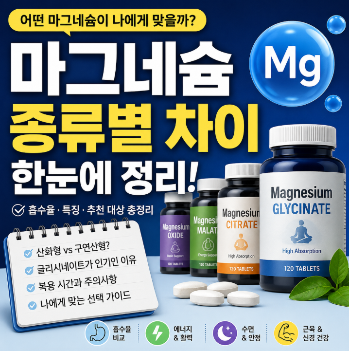 마그네슘 종류별 차이 총정리! 산화·구연산·글리시네이트 어떤 걸 먹어야 할까?
