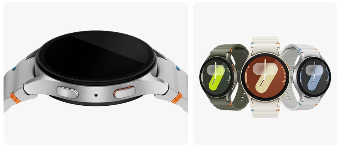 갤럭시 워치 7의 측면과 다양한 컬러 옵션. 메탈릭 케이스의 곡선형 디자인과 함께 군더더기 없는 측면 버튼 디테일이 특징이며, 다양한 밴드 스타일이 돋보입니다.
