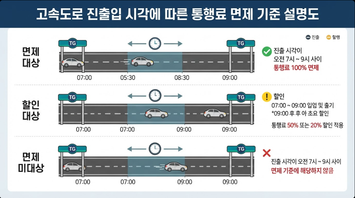 고속도로 진입 시점과 진출 시점에 따른 통행료 무료 판정 기준 설명도