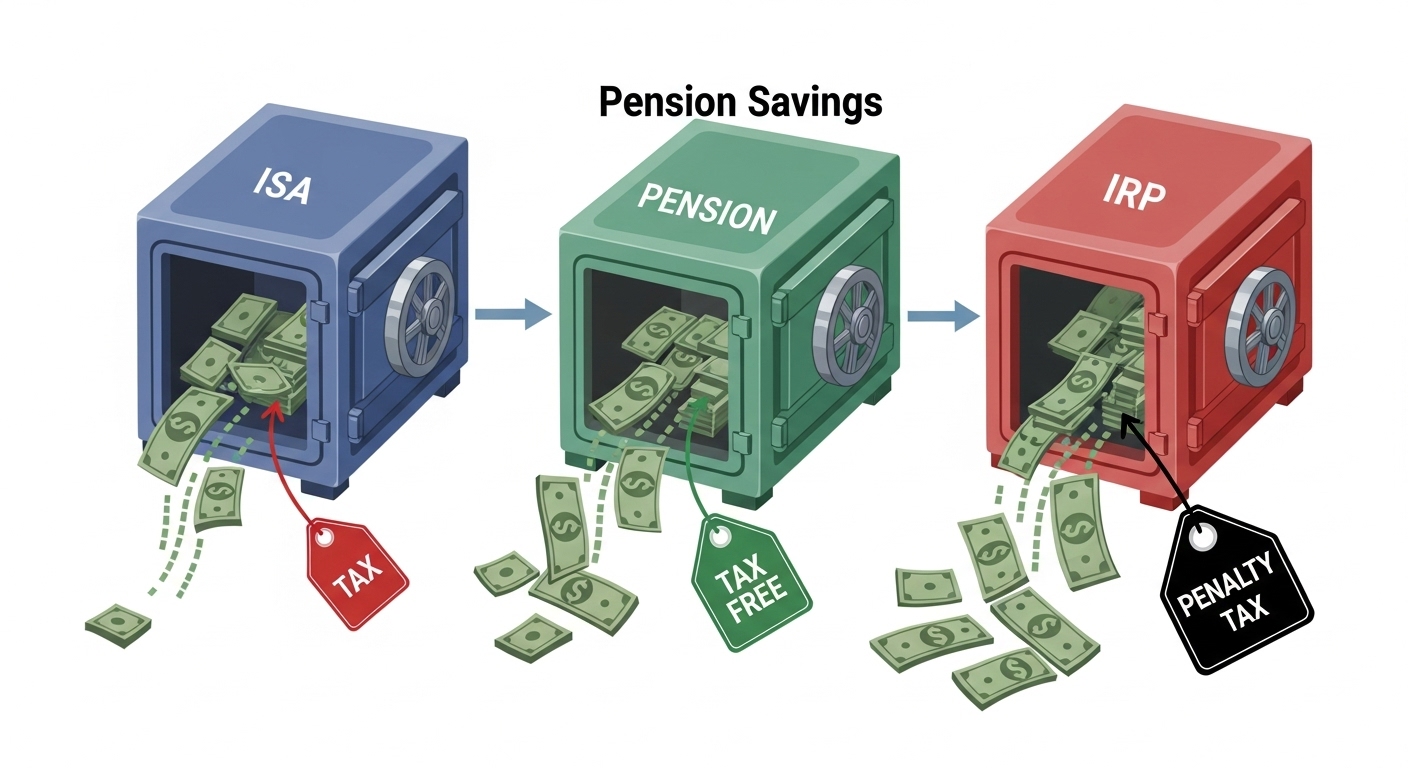 ISA, 연금저축, IRP 계좌 아이콘이 그려진 금고에서 현금(배당금)이 흘러나오는데, 계좌별로 다른 색깔의 '세금' 꼬리표가 붙어있는 일러스트