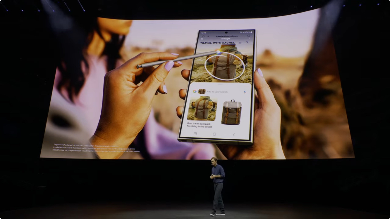 갤럭시 S24 시리즈에 탑재된 서클투서치 기능을 삼성 갤럭시 언팩 행사에서 소개하는 사진 입니다.