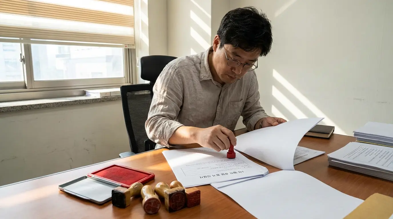 법무사 사무실에서 1인 법인 설립 서류를 검토하고 도장을 찍는 과정을 보여주는 이미지