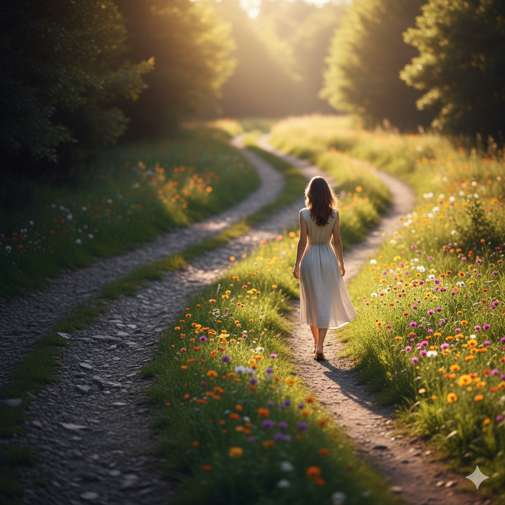 갈림길에서 자갈길 대신 햇살 비치는 꽃길(새로운 콘텐츠)을 선택하는 여성