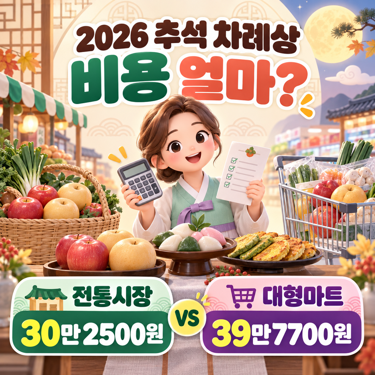 추석 차례상 비용 상승: 전통시장 30만2500원 vs 대형마트 39만7700원