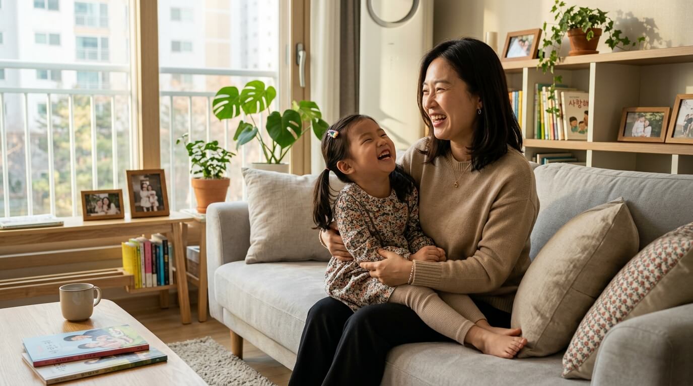 2026년 한부모 가정 지원금을 받고 아이와 행복한 시간을 보내는 한국인 엄마와 딸의 모습