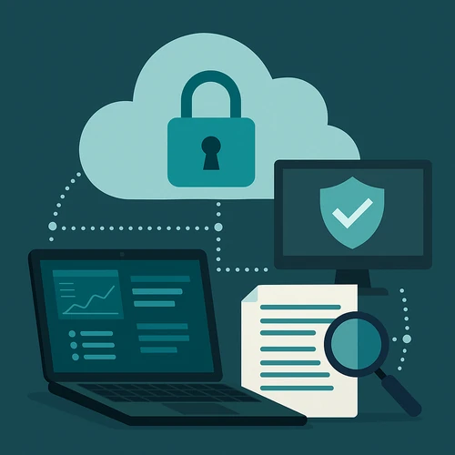 클라우드와 자물쇠 아이콘, 노트북과 보안 대시보드가 연결된 클라우드 보안 솔루션 개념 일러스트