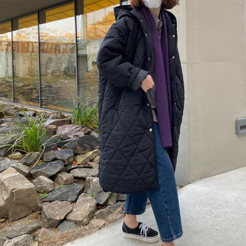 후드 롱패딩 누빔 사파리 여성점퍼 경량 3온스 깔깔이 퀼팅 블랙