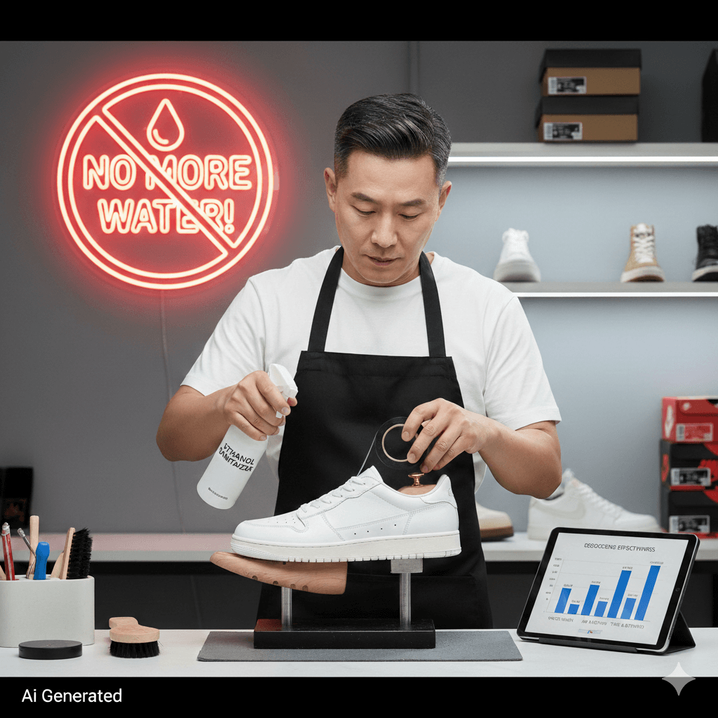 에탄올 스프레이와 테이프를 이용해 운동화를 관리하는 전문가의 모습