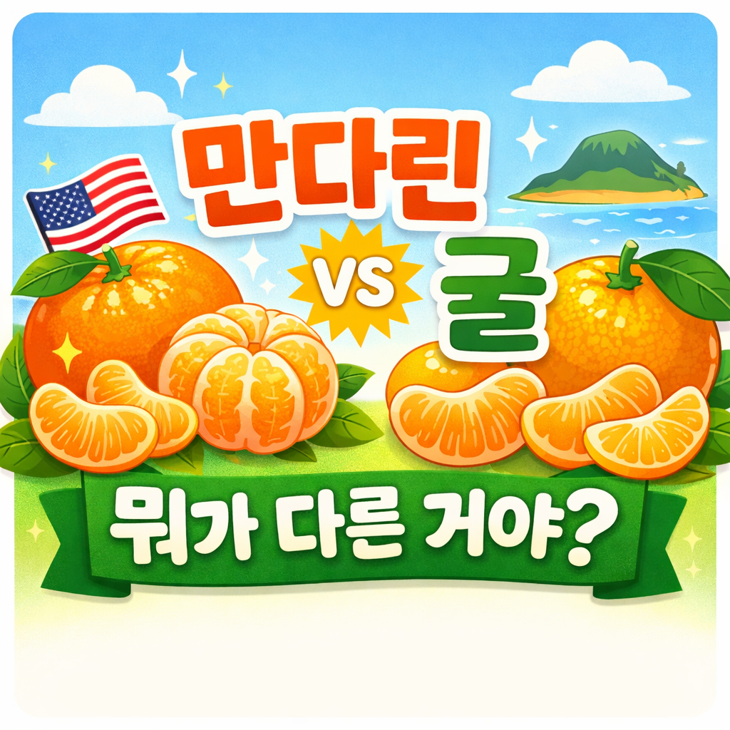 만다린과 제주 귤을 비교한 귀여운 일러스트 썸네일로, 가운데에 ‘만다린 vs 귤, 뭐가 다른 거야?’라는 문구가 들어간 정사각형 이미지