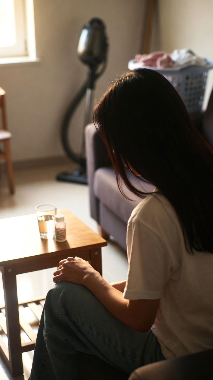 거실 소파에 앉아 손을 바라보며 잠시 쉬고 있는 모습과 테이블 위 물컵, 약통