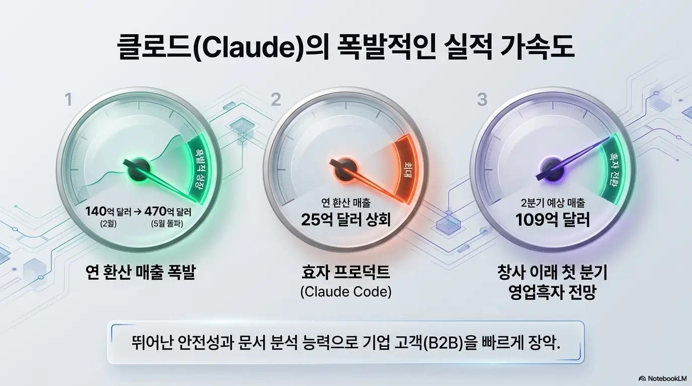 엔트로픽 투자 삼성전자 SK하이닉스: &amp;#39;클로드(Claude)의 폭발적인 실적 가속도&amp;#39;라는 제목으로 연 환산 매출 140억에서 470억 달러로의 성장&amp;#44; 클로드 코드 25억 달러&amp;#44; 2분기 109억 달러 분기 영업흑자 전망을 계기판 형태로 보여주는 이미지. 엔트로픽의 매출 성장세를 시각적으로 전달하며&amp;#44; 블로그의 엔트로픽 실적과 관련된 내용을 설명함