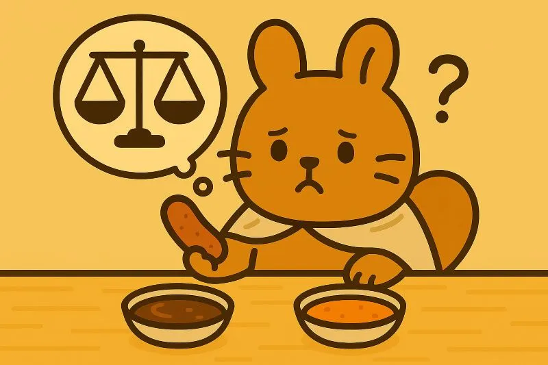 두 가지 순대 소스를 앞에 두고 고민에 빠진 귀여운 토끼 캐릭터
