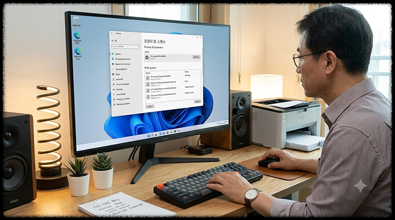 프린터 인쇄 대기열에 문서가 멈춰 출력되지 않는 문제를 확인하는 모습