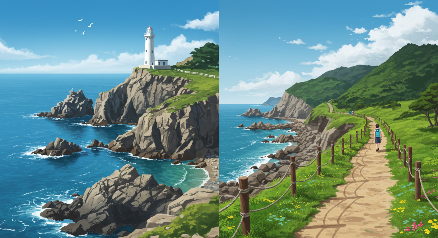 태종대 절벽 풍경과 이기대 해안 산책로가 있는 일러스트