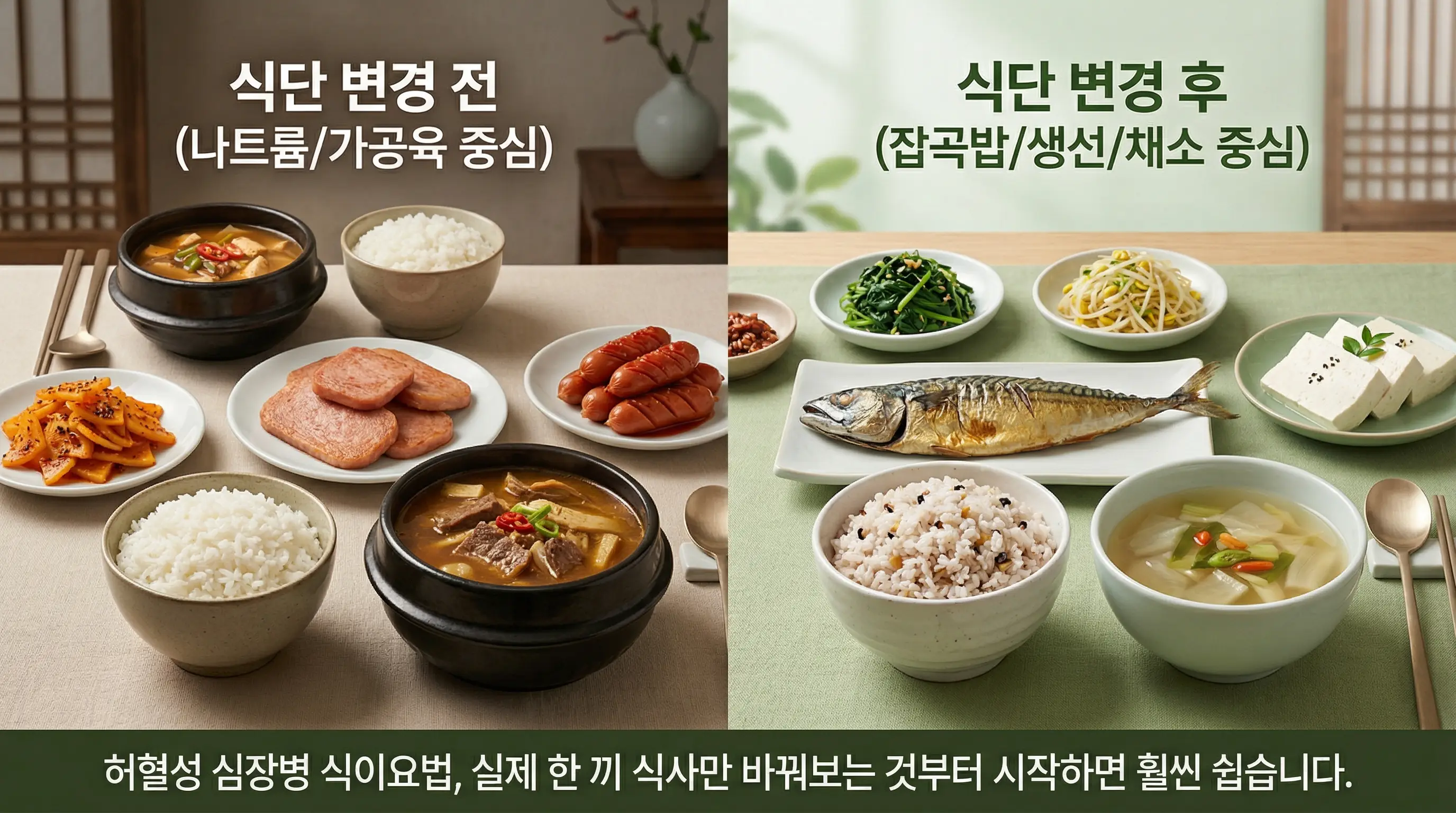 가공육 중심 식사에서 생선과 잡곡밥, 채소 중심 식사로 바뀐 비교 이미지