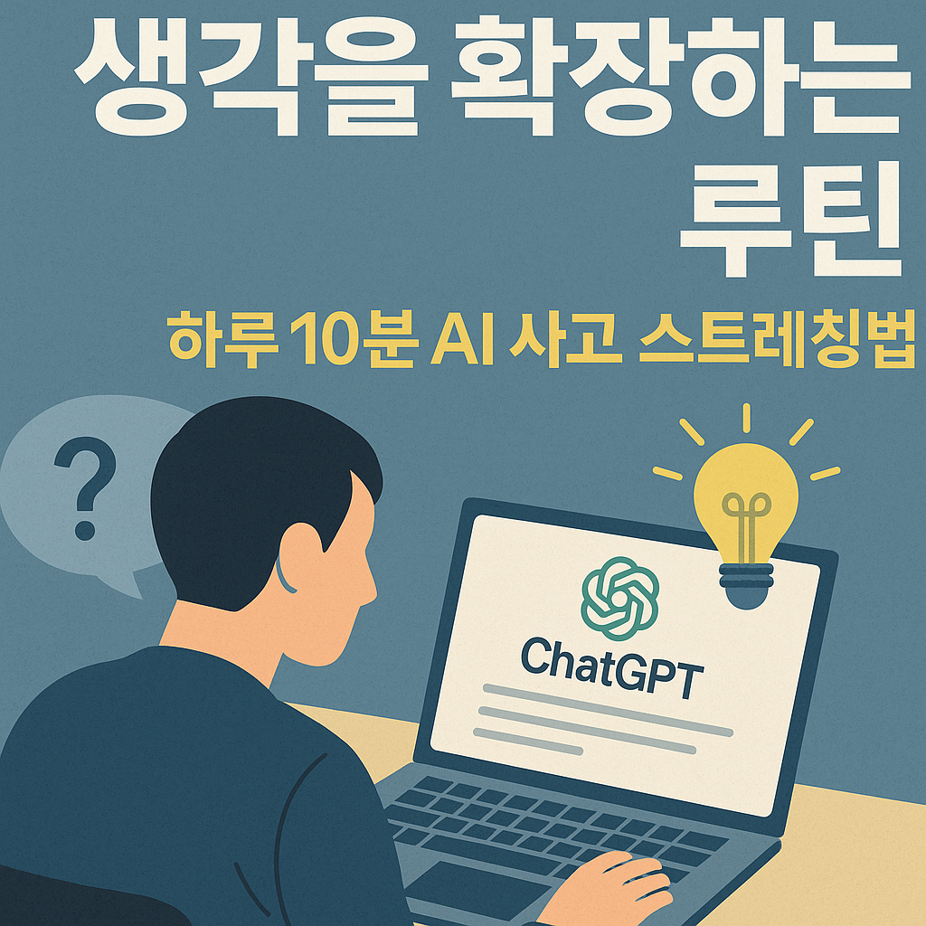 노트북에서 ChatGPT를 활용하며 생각을 확장하는 남성의 모습과 '생각을 확장하는 루틴 – 하루 10분 AI 사고 스트레칭법' 문구가 포함된 일러스트 이미지