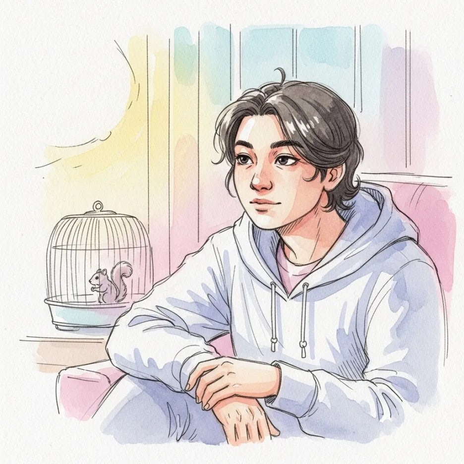 반려동물 입양의 책임감을 생각하며 앉아있는 사람의 차분한 모습.