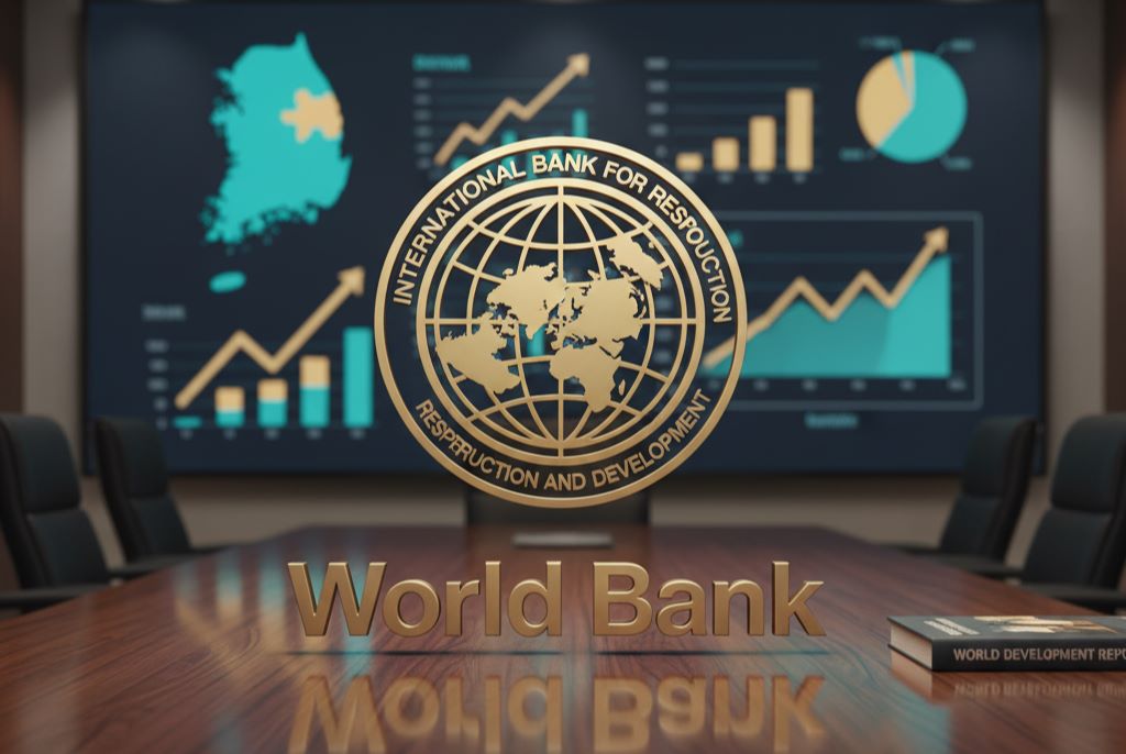 세계은행 로고와 함께 "World Bank"라는 영문이 새겨진 현실적인 이미지. 배경에는 한국의 과거와 현재를 상징하는 다양한 요소들이 조화롭게 배치되어 있다.