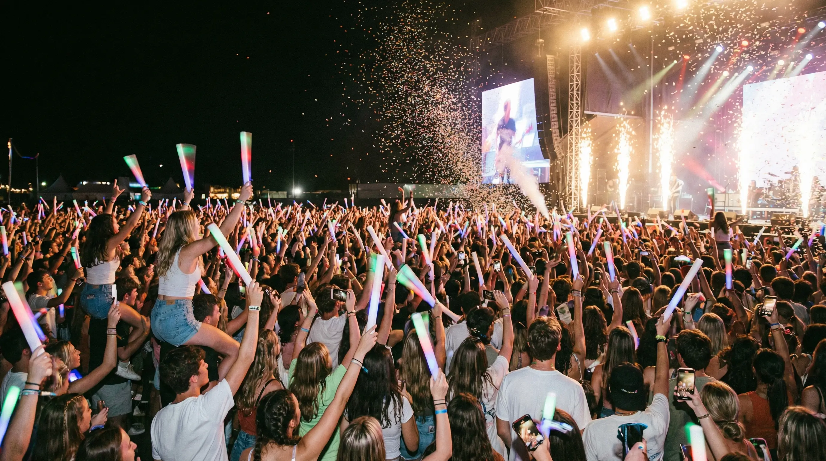 콘서트장에서 야광봉을 흔들며 문화생활을 만끽하고 있는 청년들의 뒷모습