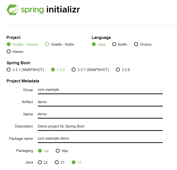 Spring initalizr 메인 화면
