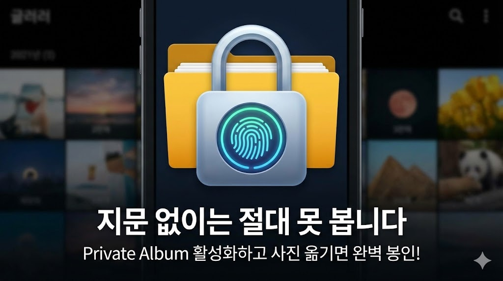 강력한 보안을 상징하는 자물쇠와 지문 인식 아이콘을 사용하여, Private Album 기능을 통해 사진을 안전하게 보호할 수 있다는 점을 강조합니다.
