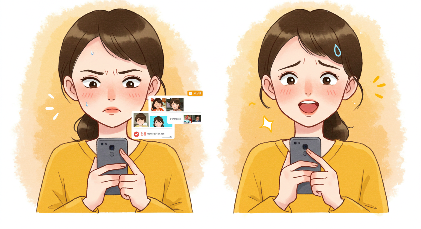 카카오톡 숏폼 영상 때문에 불편해하다가 설정으로 끄고 안도하는 모습의 썸네일