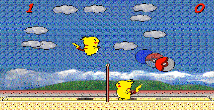 피카츄-배구-게임하기-플레이-왼쪽에-있는-피카츄가-상대방-진영으로-공을-던지는-화면