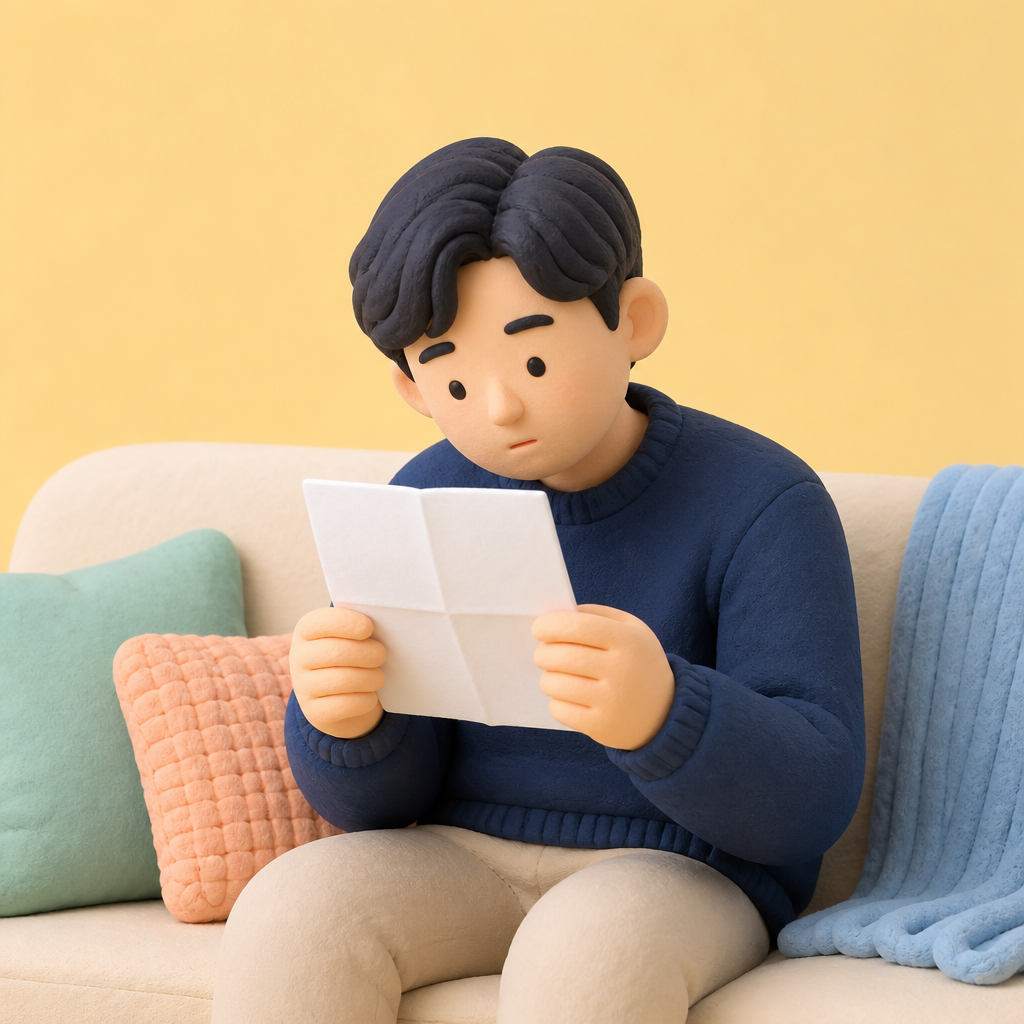 거실 소파에서 급여명세서를 들여다보는 30대 남성