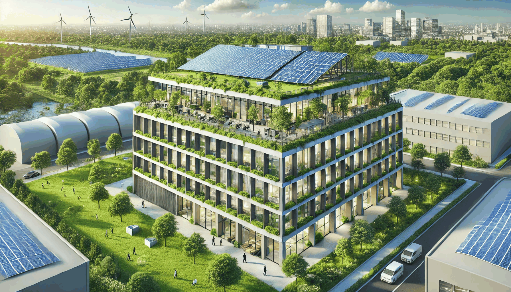 현대적인 친환경 건축물로, 그린 루프탑과 태양광 패널이 적용된 건물의 이미지