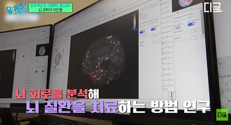 뇌과학자 이진형 교수의 뇌 회로 분석 연구를 소개하는 방송 화면으로, 컴퓨터 모니터에 뇌 신경 활동 분석 자료가 표시된 모습