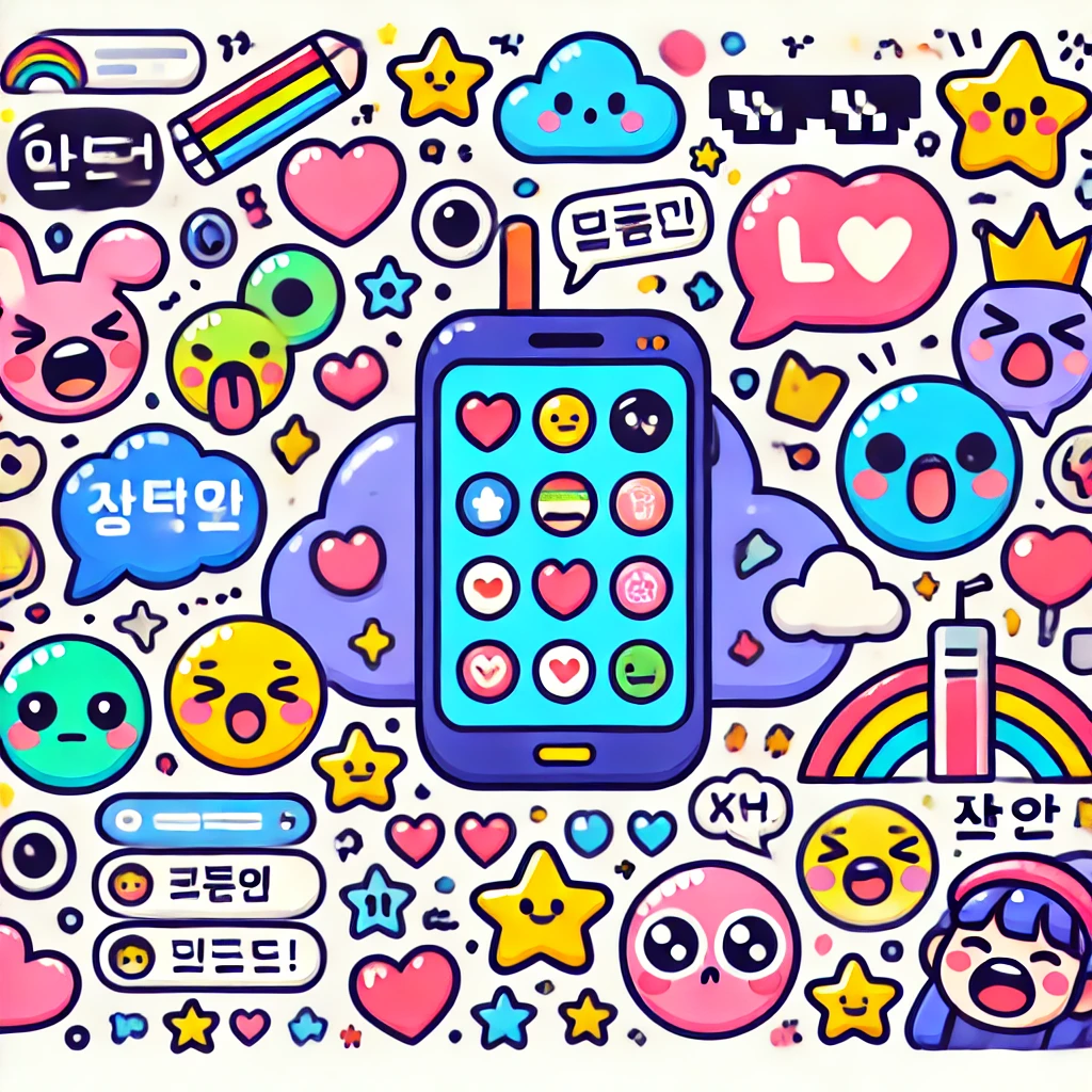 Z세대 문화를 상징하는 이모지, 스마트폰, 캐릭터가 어우러진 귀엽고 컬러풀한 일러스트 이미지