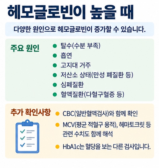 헤모글로빈이 높을 때 탈수 흡연 고지대 생활 심폐질환 등 가능한 원인과 검사결과 확인 방법을 정리한 이미지